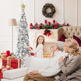 5FT Pop Up Christmas Tree with Lights and Tree Topper- Collapsible Artificial Tinsel Pencil Christmas Tree, Skinny Xmas Tree for Indoor Home Apartment Porch Holiday Party Decorations(Silver)