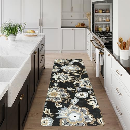 Lahome Floral 2x5 Washable Rug Runner - Black Entryway Kitchen Runner Rug Non-Slip Ultra-Thin Stain Resistant, Paisley Print Accent Carpet for Hallway Bedroom Laundry Living Room