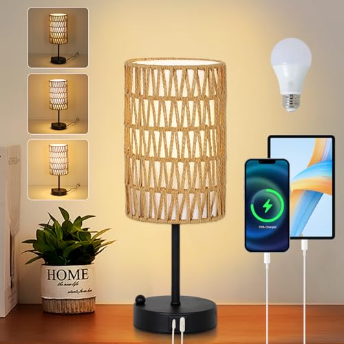 Touch Table Lamp For Bedroom with Bulb, Boho Small Desk Lamp For Living Room With Rattan & Linen Shade, 3 Way