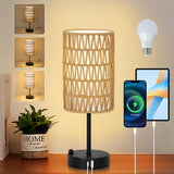 Touch Table Lamp For Bedroom with Bulb, Boho Small Desk Lamp For Living Room With Rattan & Linen Shade, 3 Way