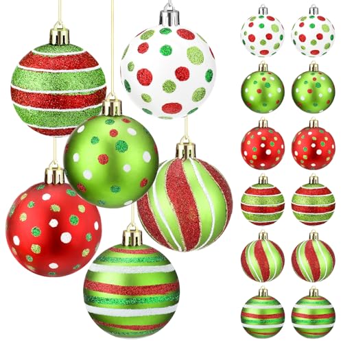 Liliful 12 Pcs 2.4 Inch Christmas Ball Ornaments Glittering Plastic Hanging Decorations Elf Balls Swirl Candy Cane Peppermint Red and Green Christmas Tree Pendants for Xmas Tree Decoration