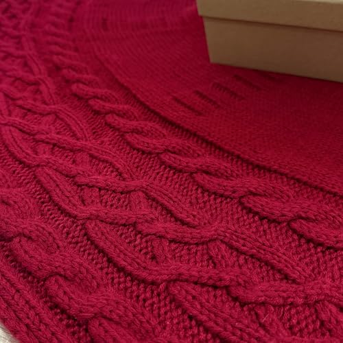 72-Inch Cable Sweater Knit Christmas Tree Skirt with Wooden Toggles, Burgundy