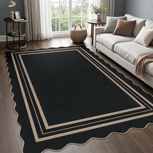 Scalloped 5x7 Rug for Living Room, Easy Jute Washable Outdoor Patio Carpet, Farmhouse Indoor Black Geometric Rug Neutral Non Slip Carpet for Living Room Backyard