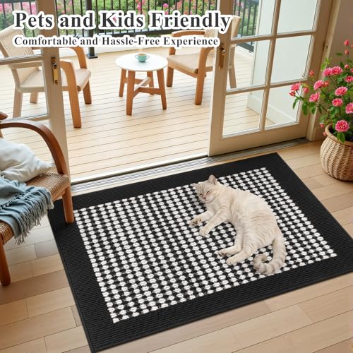 Indoor Door Mat 2x3ft, Absorbent Muddy Mats for Dogs, Low-Profile Entrance Welcome Mat with Non-Slip Rubber Backing, Washable Runner Carpet for Hallway,Entryway,Kitchen (Black)