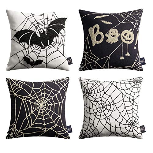 Phantoscope Bundle -Pack of 4 Outdoor Water Resistant Throw Pillow Inserts 18 Inches & Set of 4 Happy Halloween Decorative Throw Pillow Covers