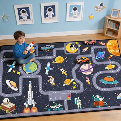 Outer Space Kid Rug，Boys Car Rug for Kids Toy Cars Have Fun Safely, Non-Slip Educational City Road Rugs Carpets for Kid Room Bedroom（47×31 in