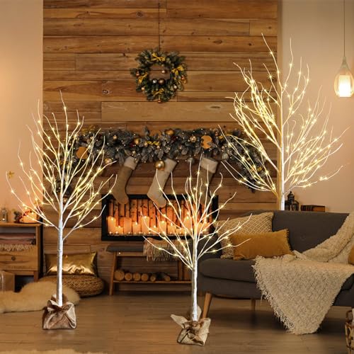 HOLILLUMA Outdoor Christmas Decoration LED Lighted Birch Trees 3 Packs | Christmas Trees with Burlap Decor, Warm White LED Lights, Power Supply by Adapter, Waterproof ,Home Decor(4FT&5FT&6FT)