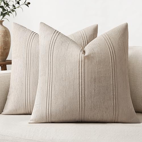 MIULEE Decorative Striped Throw Pillow Covers 18x18 in Natural Linen 2 Pack