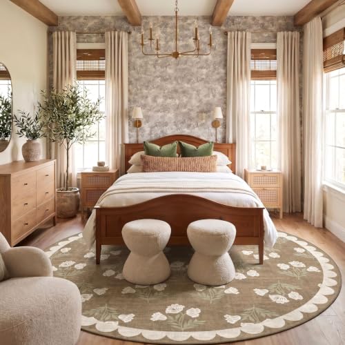 Tan 8ft Round Rug for Living Room - Washable Scalloped Circle Rug