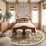 Tan 8ft Round Rug for Living Room - Washable Scalloped Circle Rug