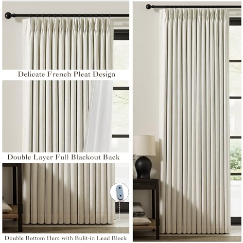 IVAPUPU Natural Pinch Pleated 100% Blackout Linen Curtains 90 Inch Length for Bedroom, Black Out Pinch Pleat Curtains for Living Dining Room Darkening Thermal Insulated Drapes with 16 Hooks, 2 Panels