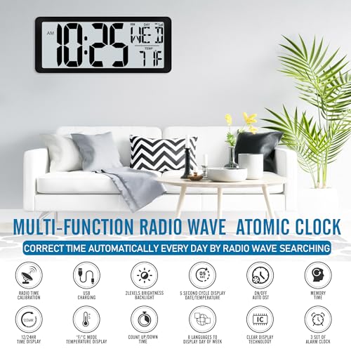 4.6" Numbers Display Built-in Rechargeable Power 15" Atomic Black Wall Clock -Night Display-Never Needs Setting!-Easy to Read Numbers-Never Need Replace Battery