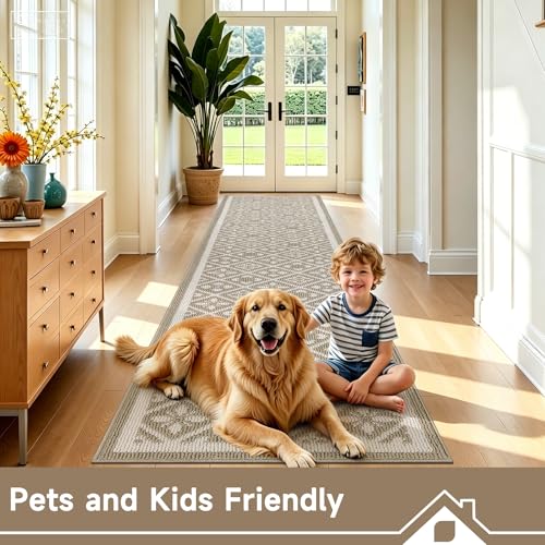 Hallway Runner Rug 2x10 ft,Washable Indoor Beige Entryway Carpet with Non Slip Rubber Backing,Low Pile Heavy Duty Kitchen Floor Mat for Entrance & High Traffic Areas