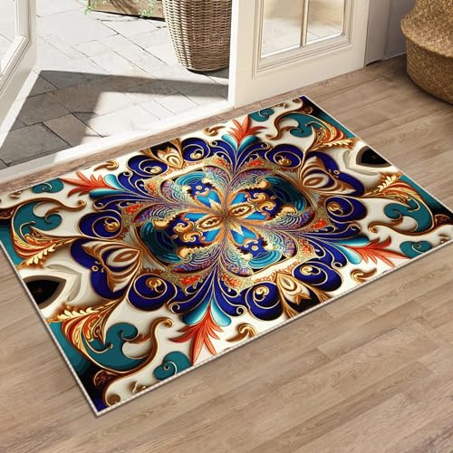 Washable Entrance Door Mat, Non-Slip Vintage Hallway Rug Runner with Upgrade Rubber Backing, Stain Resistant Faux Wool Distressed Carpet Runner for Bedroom, Kitchen, Laundry, Entrance (35.4" x 23.6")