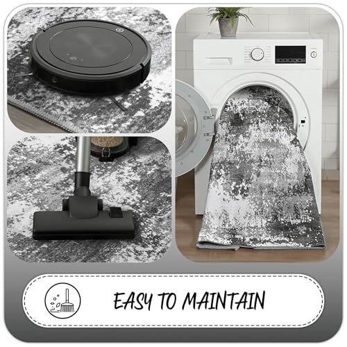 Round Area Rugs 4ft Washable Grey Circle Rug for Entryway Kitchen, Non Slip Soft Low Pile Stain Resistant, Boho Circular Carpet for Living Room Bedroom Dorm Dining Room Table, Abstract Gray