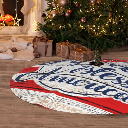 Patriotic God Bless America July 4th American Flag 36 Inch Christmas Tree Skirt Carpet Mat Funny Party Decor Supplies for Xmas Halloween Decorations Occasion