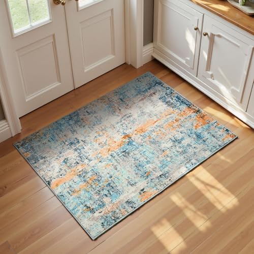Entrance Rugs Indoor 2x3 Blue Entry Rug Washable Abstract Small Area Rug Non-Slip Low Pile Throw Rugs for Entryway, Kitchen Floor, Front Door Indoor Door Mat, Bathroom, Bedroom Bedside