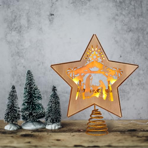 GHOSTMAGIC 3D Wooden Nativity Christmas Tree Star Topper Lighted, LED Xmas Decor Ornaments for Indoor