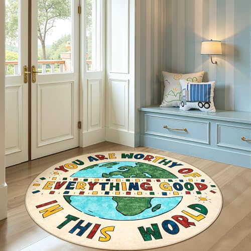 jinchan 4ft Round Rug Washable Fun Rug You are Worthy Playroom Mat for Kids