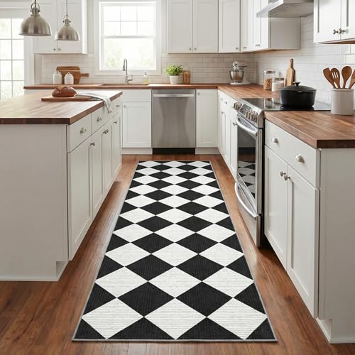 GarveeHome Checkered Hallway Runner Rug 2.6x8 Black and White Kitchen Rug