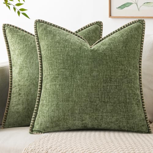 MIULEE Pack of 2 Couch Throw Pillow Covers 18x18 Inch Sage Green Farmhouse Decorative Pillow Covers with Stitched Edge Soft Chenille Solid Dyed Summer Pillow Covers for Sofa Bed Living Room