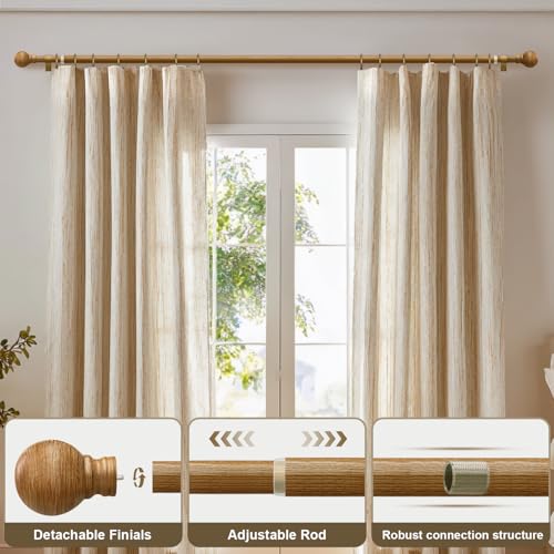 Boho Wood Curtain Rods for Windows 72 to 144 inch 1" Diameter Adjustable Heavy Duty Window Curtain Rod with Decorative Wooden Grain Finials Drapery Rods for Living Room Bedroom Kitchen Cafe Farmhouse