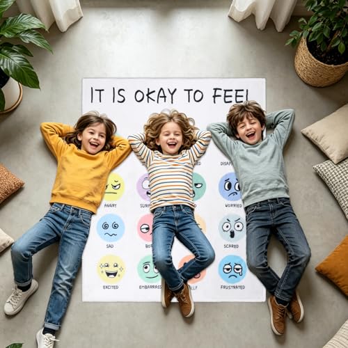 3.3x4ft Calming Corner Classroom Rug Educational Sensory Emotion Feelings Carpet Reading Corner Items Rug Soft Fluffy Mental Health Rugs Washable Non Slip Carpet Floor Mat for Playroom School Nursery