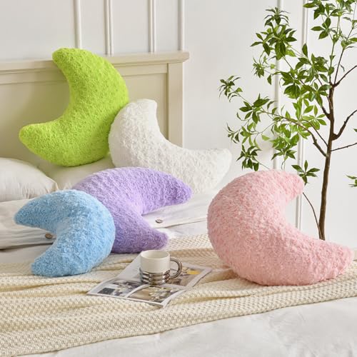 Moon Shaped Pillow with Soft Faux Fur for Couch, Bed, Sofa - Cute Half Moon Pillows with Room Decor for Bedroom, Living Room (14.9 Inches, White)