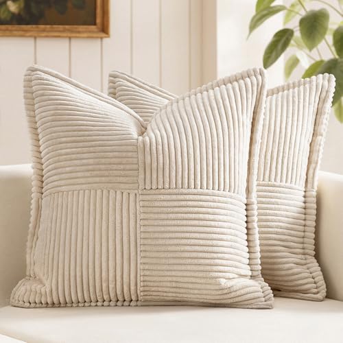 MIULEE Decorative Throw Pillow Covers for Couch Bed Livingroom 18x18 Inch Set of 2 Beige Boho Accent Throw Pllows Broadside Striped Patchwork Soft Corduroy Pillowcases