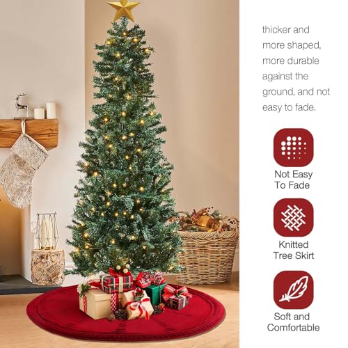 Christmas Tree Skirt 48 Inch Large - Knit Knitted Thick Rustic Tree Skirt Decor for Fall Thanksgiving Day Xmas Holiday Party Winter Farmhouse New Year Decoration Indoor Outdoor(Red)