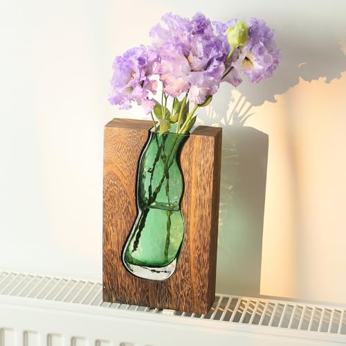 Wood and Glass Inlay Vases Farmhouse Wooden Glass Flower Vase Solid Wood Glass Vase Home Decor Vases for Centerpiece (9.45 Inches)