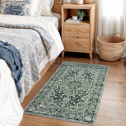 Vintage Small Area Rug 2x3 Dark Green Washable Entryway Rugs