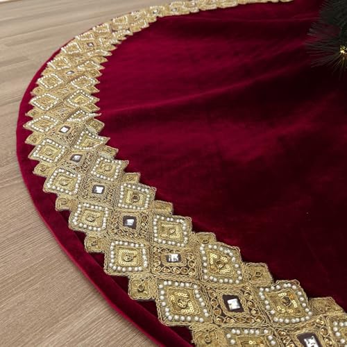 60-Inch Venetian Gilded Velvet Christmas Tree Skirt with Gold Embellished Border, Foam-Padded, Button Closure, Burgundy