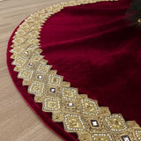 60-Inch Venetian Gilded Velvet Christmas Tree Skirt with Gold Embellished Border, Foam-Padded, Button Closure, Burgundy