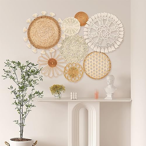 Boho Wall Basket Decor Set of 8 - Flat Woven Basket Wall Hanging Decor,Round Tassels White Macrame Tapestry Wall Decor Art,Handmade Rattan Wicker Seagrass Home Wall Baskets Decor（Boho Classic)
