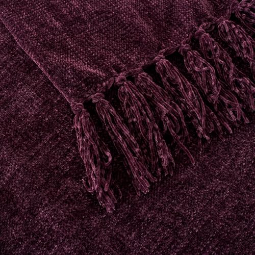 Chenille Throw Blanket for Couch with Tassels,50"X60" Soft Cozy Lightweight Knitted Boho Decorative Blankets for Bed and Sofa,Aubergine