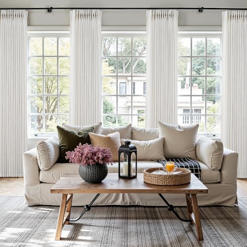 Pinch Pleated Linen Curtains 90 Inches Long for Living Dining Room Bedroom 2 Panel Set Natural Cream Birch Pinch Pleat Curtain 90 Inch Neutral Boho Floor to Ceiling Curtains Semi Sheer Linen Drapes