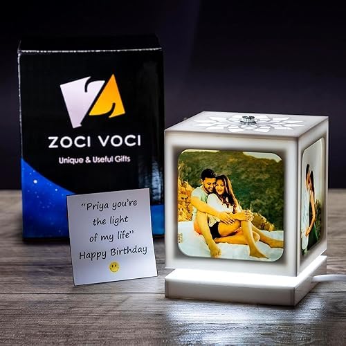 ZOCI VOCI Custom Rotating Picture Frame with Night Light, White | Personalized Table Lamp, 4 Photos, Anniversary Couples Gifts, Romantic Gifts