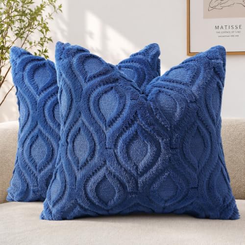 decorUhome Faux Fur Plush Soft Dark Blue Throw Pillow Covers 26x26 Set of 2