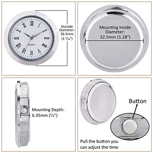 ShoppeWatch Mini Clock Insert 1 7/16" (35mm) Quartz Movement | Miniature Clock Face Insert | Small Round Fit Up White Face Silver Tone Bezel Roman Numerals CK097SL