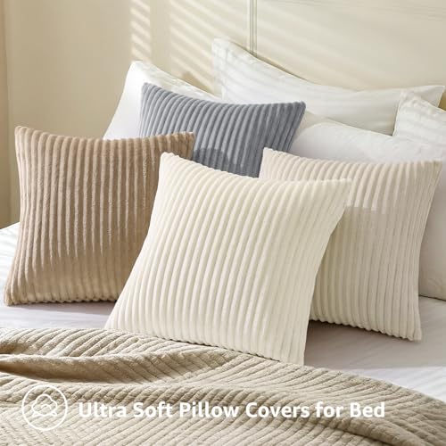 Simmore Decorative Throw Pillow Covers 18x18 Set of 2, Soft Natural Plush Flannel Double-Sided Fluffy Couch Pillow Covers for Sofa Living Room, Cream White