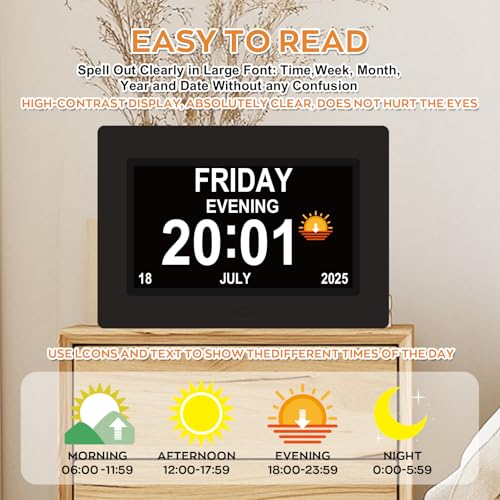 Digital Dementia Clocks for Seniors, 7 Inch, Black | Day Date Time Large Display for Poor Vision Easy Read, Medication Reminder Alarm, Spanish 10 Languages, Alzheimer Gifts
