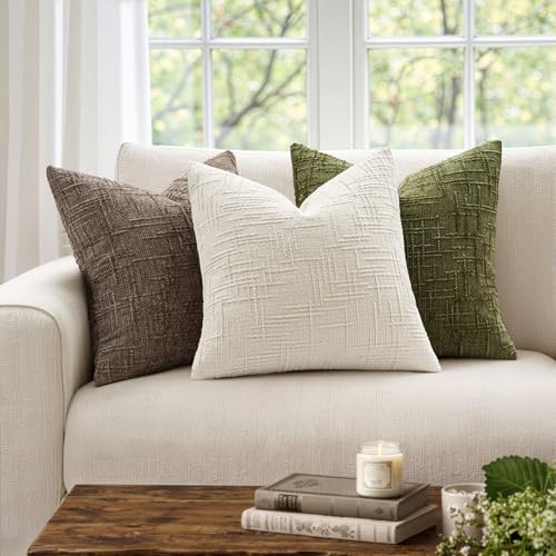 MIULEE Textured Throw Pillow Covers Thick Chenille Decorative Pillows Cream White 18x18 Inch Set of 2 Modern Boho Farmhouse Home Decor Neutral Cushion Covers for Couch Sofa Living Room Bedroom