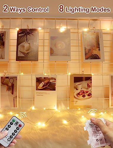 Photo Clip String Lights with Remote, 33FT 100 LED Battery Operated String Lights, Waterproof Copper Wire Starry Lights with 50 Clear Clips, Powered Fairy Lights for Teen Girl Gifts Bedroom 8 Modes