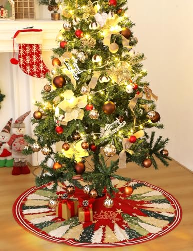 Multiwins Christmas Tree Skirt 48 Inch, Red Christmas Tree Skirt with Christmas Tree and Star Design, Thick Flannel Fabric, Xmas Tree Skirt for Holiday Decorations