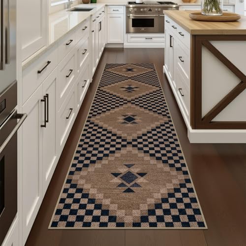 LIVEBOX Easy Jute Runner Rugs for Hallway 2x10, Non Slip Washable Rug Runner, Checkered Extra Long Rugs for Hallways, Ultra Thin Farmhouse Kitchen Rug for Hardwood Floor