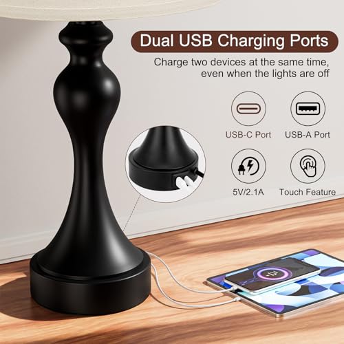Seealle Touch Lamps for Nightstand - Bedside Lamps Set of 2, 3 Way Dimmable, USB C+A for Bedroom & End Tables (LED Bulbs Included)