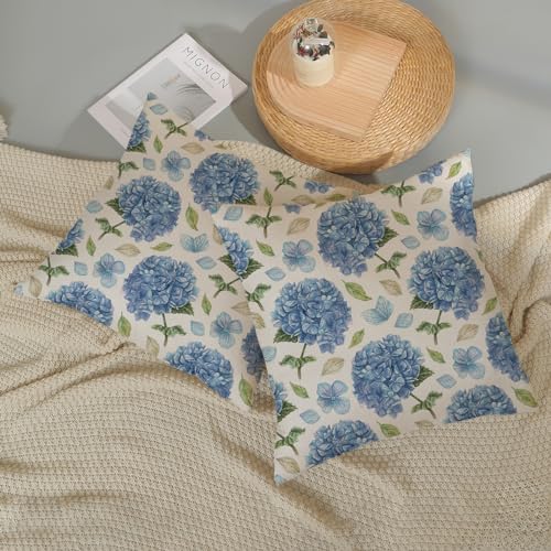 Spring Floral Pillow Covers 18x18 Pack of 2 Blue Hydrangea Flower Throw Pillow Covers Decoration,Summer Holiday Decor Pillowcase Rustic Farmhouse Linen Cushion Case for Home Sofa Couch Outdoor