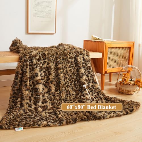 XeGe Luxury Faux Fur Leopard Print Blanket, Soft Cheetah Patterned Fluffy Bed Blanket, Shaggy Plush Decorative Couch Throw, Cute Furry Animal Print Fuzzy Throw for Sofa Bed Couch, Brown, 60x80