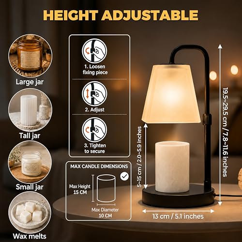JIMEI Candle Warmer Lamp with Timer Electric Wax Warmer for Scented Wax Melt Warmer Melter for Jar Candles Dimmable Adjustable Height Gifts for Women Mom House Warming Frossted Glass Black